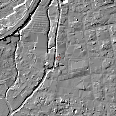 Shaded relief map of the ground around SP11BT, computed from Environment Agency LiDAR. The ground here sits at about 47 m above sea level and falls 9 m across the surrounding 800 m. Surface water reaching this point runs off ground lying to the south-south-west, 1.7 m higher.