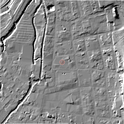 Shaded relief map of the ground around SP11DA, computed from Environment Agency LiDAR. The ground here sits at about 47 m above sea level and falls 13 m across the surrounding 800 m. Surface water reaching this point runs off ground lying to the west-south-west, 0.5 m higher.