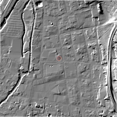Shaded relief map of the ground around SP11DF, computed from Environment Agency LiDAR. The ground here sits at about 47 m above sea level and falls 16 m across the surrounding 800 m. Surface water reaching this point runs off ground lying to the north-north-west, 4.8 m higher.