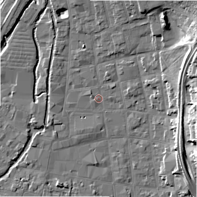 Shaded relief map of the ground around SP11DL, computed from Environment Agency LiDAR. The ground here sits at about 47 m above sea level and falls 18 m across the surrounding 800 m. Surface water reaching this point runs off ground lying to the west-north-west, 1.3 m higher.