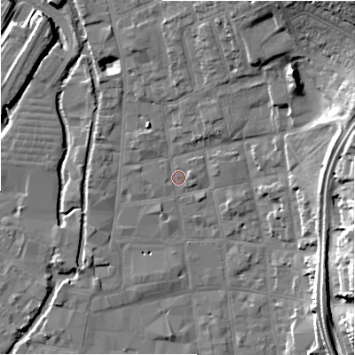 Shaded relief map of the ground around SP11DP, computed from Environment Agency LiDAR. The ground here sits at about 47 m above sea level and falls 18 m across the surrounding 800 m. Surface water reaching this point runs off ground lying to the north-north-east, 13.7 m higher.