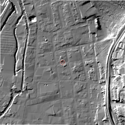 Shaded relief map of the ground around SP11DT, computed from Environment Agency LiDAR. The ground here sits at about 47 m above sea level and falls 23 m across the surrounding 800 m. Surface water reaching this point runs off ground lying to the north-north-east, 12.2 m higher.