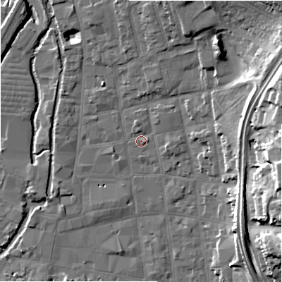 Shaded relief map of the ground around SP11DU, computed from Environment Agency LiDAR. The ground here sits at about 47 m above sea level and falls 23 m across the surrounding 800 m. Surface water reaching this point runs off ground lying to the north-north-east, 11.3 m higher.