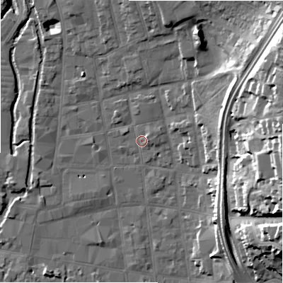 Shaded relief map of the ground around SP11DX, computed from Environment Agency LiDAR. The ground here sits at about 47 m above sea level and falls 26 m across the surrounding 800 m. Surface water reaching this point runs off ground lying to the north, 9.2 m higher.