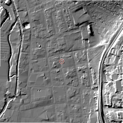 Shaded relief map of the ground around SP11ED, computed from Environment Agency LiDAR. The ground here sits at about 47 m above sea level and falls 25 m across the surrounding 800 m. Surface water reaching this point runs off ground lying to the north-north-east, 14.8 m higher.