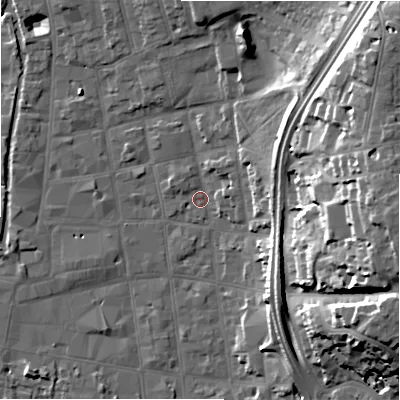 Shaded relief map of the ground around SP11EF, computed from Environment Agency LiDAR. The ground here sits at about 47 m above sea level and falls 28 m across the surrounding 800 m. Surface water reaching this point runs off ground lying to the north-east, 18.0 m higher.
