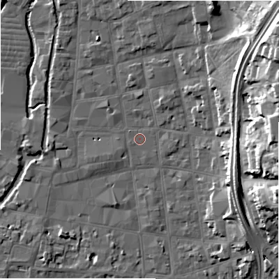 Shaded relief map of the ground around SP11EL, computed from Environment Agency LiDAR. The ground here sits at about 46 m above sea level and falls 23 m across the surrounding 800 m. Surface water reaching this point runs off ground lying to the north-north-east, 6.6 m higher.