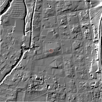 Shaded relief map of the ground around SP11EP, computed from Environment Agency LiDAR. The ground here sits at about 47 m above sea level and falls 13 m across the surrounding 800 m. Surface water reaching this point runs off ground lying to the west-north-west, 0.6 m higher.
