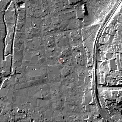 Shaded relief map of the ground around SP11ER, computed from Environment Agency LiDAR. The ground here sits at about 47 m above sea level and falls 27 m across the surrounding 800 m. Surface water reaching this point runs off ground lying to the north-north-east, 8.9 m higher.