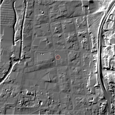 Shaded relief map of the ground around SP11EY, computed from Environment Agency LiDAR. The ground here sits at about 46 m above sea level and falls 22 m across the surrounding 800 m. Surface water reaching this point runs off ground lying to the west, 0.8 m higher.