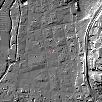 Shaded relief map of the ground around SP11HB, computed from Environment Agency LiDAR. The ground here sits at about 46 m above sea level and falls 24 m across the surrounding 800 m. Surface water reaching this point runs off ground lying to the north-north-east, 10.0 m higher.