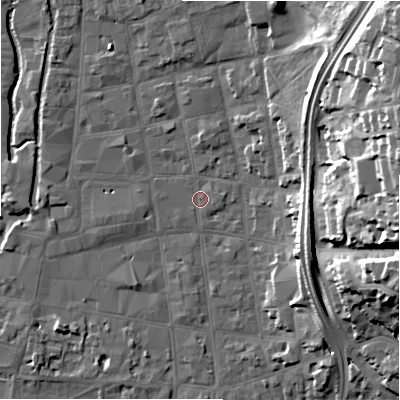 Shaded relief map of the ground around SP11HE, computed from Environment Agency LiDAR. The ground here sits at about 47 m above sea level and falls 27 m across the surrounding 800 m. Surface water reaching this point runs off ground lying to the east-north-east, 26.0 m higher.