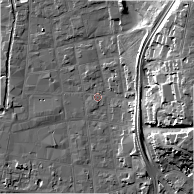 Shaded relief map of the ground around SP11HG, computed from Environment Agency LiDAR. The ground here sits at about 47 m above sea level and falls 27 m across the surrounding 800 m. Surface water reaching this point runs off ground lying to the east, 25.7 m higher.