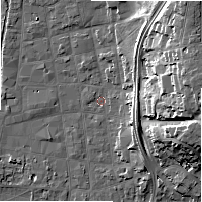 Shaded relief map of the ground around SP11HJ, computed from Environment Agency LiDAR. The ground here sits at about 47 m above sea level and falls 27 m across the surrounding 800 m. Surface water reaching this point runs off ground lying to the east, 8.6 m higher.