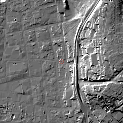 Shaded relief map of the ground around SP11HL, computed from Environment Agency LiDAR. The ground here sits at about 47 m above sea level and falls 28 m across the surrounding 800 m. Surface water reaching this point runs off ground lying to the east, 25.3 m higher.