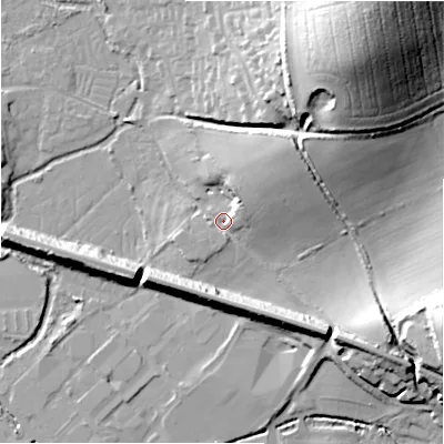 Shaded relief map of the ground around SP11NJ, computed from Environment Agency LiDAR. The ground here sits at about 48 m above sea level and falls 37 m across the surrounding 800 m. Surface water reaching this point runs off ground lying to the east-north-east, 5.4 m higher.