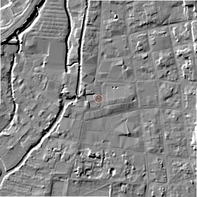 Shaded relief map of the ground around SP11TB, computed from Environment Agency LiDAR. The ground here sits at about 47 m above sea level and falls 8 m across the surrounding 800 m. Surface water reaching this point runs off ground lying to the east, 0.8 m higher.