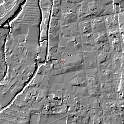 Shaded relief map of the ground around SP11TF, computed from Environment Agency LiDAR. The ground here sits at about 47 m above sea level and falls 8 m across the surrounding 800 m. Surface water reaching this point runs off ground lying to the east-south-east, 0.8 m higher.