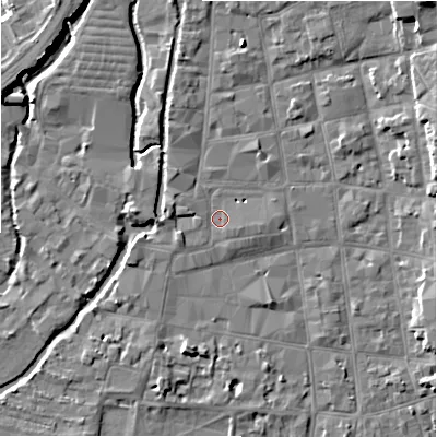 Shaded relief map of the ground around SP11TH, computed from Environment Agency LiDAR. The ground here sits at about 47 m above sea level and falls 9 m across the surrounding 800 m. Surface water reaching this point runs off ground lying to the west, 1.1 m higher.