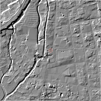 Shaded relief map of the ground around SP11TL, computed from Environment Agency LiDAR. The ground here sits at about 47 m above sea level and falls 8 m across the surrounding 800 m. Surface water reaching this point runs off ground lying to the north-north-west, 1.2 m higher.