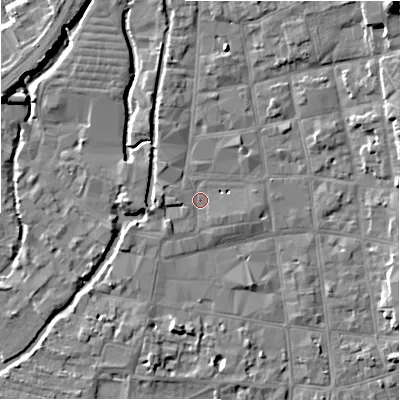 Shaded relief map of the ground around SP11TP, computed from Environment Agency LiDAR. The ground here sits at about 47 m above sea level and falls 11 m across the surrounding 800 m. Surface water reaching this point runs off ground lying to the west, 1.1 m higher.