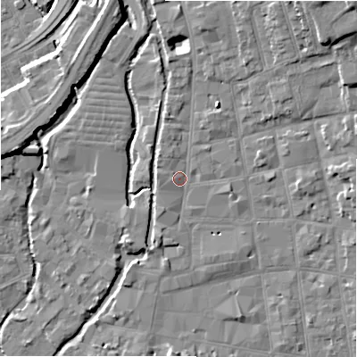 Shaded relief map of the ground around SP11TT, computed from Environment Agency LiDAR. The ground here sits at about 48 m above sea level and falls 14 m across the surrounding 800 m. Surface water reaching this point runs off ground lying to the north, 5.5 m higher.
