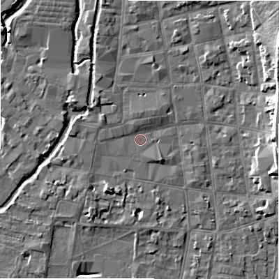 Shaded relief map of the ground around SP12AA, computed from Environment Agency LiDAR. The ground here sits at about 46 m above sea level and falls 15 m across the surrounding 800 m. Surface water reaching this point runs off ground lying to the north, 1.6 m higher.