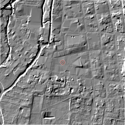 Shaded relief map of the ground around SP12AF, computed from Environment Agency LiDAR. The ground here sits at about 46 m above sea level and falls 10 m across the surrounding 800 m. Surface water reaching this point runs off ground lying to the north-north-west, 1.6 m higher.