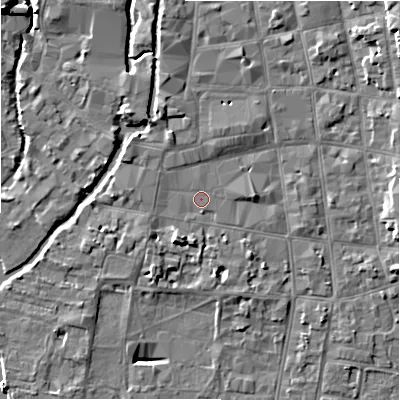 Shaded relief map of the ground around SP12AG, computed from Environment Agency LiDAR. The ground here sits at about 46 m above sea level and falls 10 m across the surrounding 800 m. Surface water reaching this point runs off ground lying to the north-north-west, 1.8 m higher.