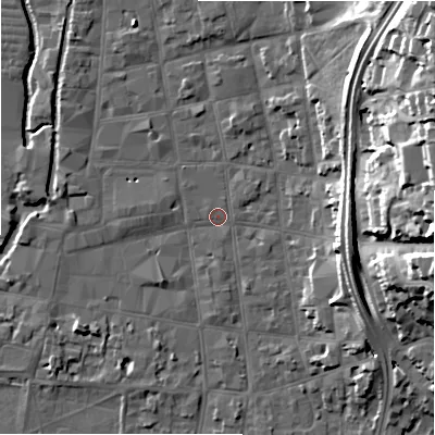 Shaded relief map of the ground around SP12AJ, computed from Environment Agency LiDAR. The ground here sits at about 46 m above sea level and falls 25 m across the surrounding 800 m. Surface water reaching this point runs off ground lying to the north-east, 24.5 m higher.