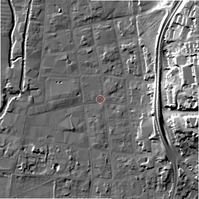 Shaded relief map of the ground around SP12AL, computed from Environment Agency LiDAR. The ground here sits at about 46 m above sea level and falls 26 m across the surrounding 800 m. Surface water reaching this point runs off ground lying to the north-east, 24.7 m higher.