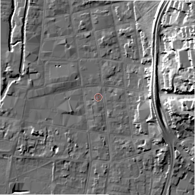 Shaded relief map of the ground around SP12AN, computed from Environment Agency LiDAR. The ground here sits at about 46 m above sea level and falls 28 m across the surrounding 800 m. Surface water reaching this point runs off ground lying to the south, 0.7 m higher.