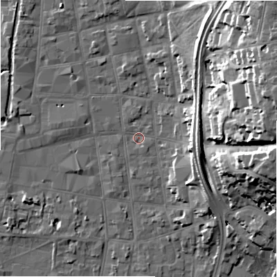 Shaded relief map of the ground around SP12AP, computed from Environment Agency LiDAR. The ground here sits at about 46 m above sea level and falls 27 m across the surrounding 800 m. Surface water reaching this point runs off ground lying to the east, 11.0 m higher.