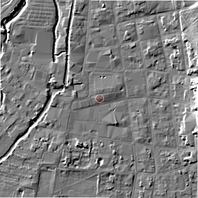 Shaded relief map of the ground around SP12AQ, computed from Environment Agency LiDAR. The ground here sits at about 47 m above sea level and falls 13 m across the surrounding 800 m. Surface water reaching this point runs off ground lying to the north-north-east, 0.8 m higher.