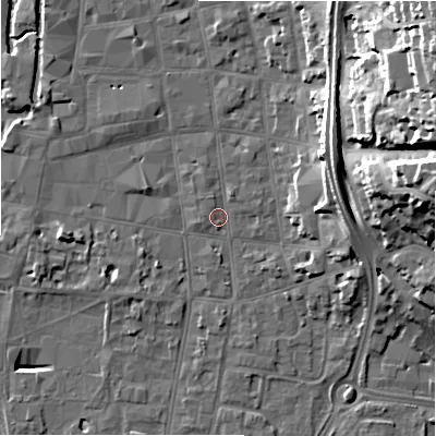 Shaded relief map of the ground around SP12AR, computed from Environment Agency LiDAR. The ground here sits at about 46 m above sea level and falls 29 m across the surrounding 800 m. Surface water reaching this point runs off ground lying to the north-north-east, 1.5 m higher.