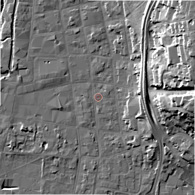 Shaded relief map of the ground around SP12AS, computed from Environment Agency LiDAR. The ground here sits at about 46 m above sea level and falls 30 m across the surrounding 800 m. Surface water reaching this point runs off ground lying to the south, 0.8 m higher.
