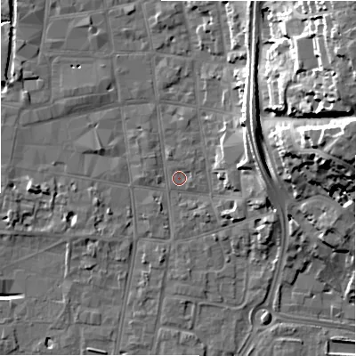 Shaded relief map of the ground around SP12AU, computed from Environment Agency LiDAR. The ground here sits at about 46 m above sea level and falls 30 m across the surrounding 800 m. Surface water reaching this point runs off ground lying to the north-east, 0.7 m higher.