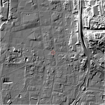 Shaded relief map of the ground around SP12AY, computed from Environment Agency LiDAR. The ground here sits at about 46 m above sea level and falls 29 m across the surrounding 800 m. Surface water reaching this point runs off ground lying to the north-east, 11.7 m higher.