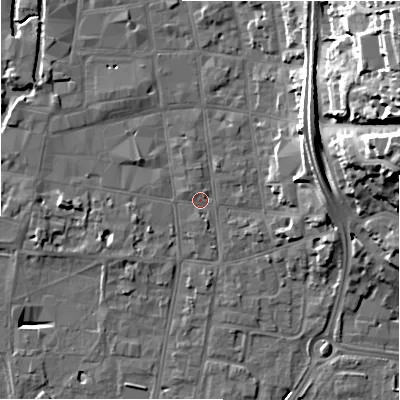 Shaded relief map of the ground around SP12AZ, computed from Environment Agency LiDAR. The ground here sits at about 46 m above sea level and falls 28 m across the surrounding 800 m. Surface water reaching this point runs off ground lying to the north-north-east, 1.5 m higher.