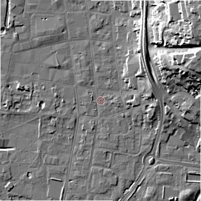 Shaded relief map of the ground around SP12BA, computed from Environment Agency LiDAR. The ground here sits at about 46 m above sea level and falls 30 m across the surrounding 800 m. Surface water reaching this point runs off ground lying to the north-east, 11.7 m higher.