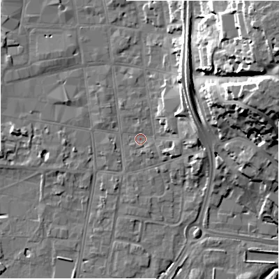 Shaded relief map of the ground around SP12BD, computed from Environment Agency LiDAR. The ground here sits at about 46 m above sea level and falls 30 m across the surrounding 800 m. Surface water reaching this point runs off ground lying to the north-north-east, 11.5 m higher.