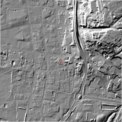 Shaded relief map of the ground around SP12BG, computed from Environment Agency LiDAR. The ground here sits at about 46 m above sea level and falls 30 m across the surrounding 800 m. Surface water reaching this point runs off ground lying to the south-west, 0.8 m higher.