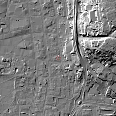 Shaded relief map of the ground around SP12BH, computed from Environment Agency LiDAR. The ground here sits at about 46 m above sea level and falls 30 m across the surrounding 800 m. Surface water reaching this point runs off ground lying to the north-east, 11.3 m higher.