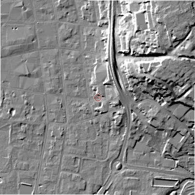 Shaded relief map of the ground around SP12BJ, computed from Environment Agency LiDAR. The ground here sits at about 47 m above sea level and falls 30 m across the surrounding 800 m. Surface water reaching this point runs off ground lying to the north-north-east, 9.1 m higher.