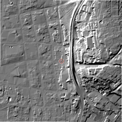 Shaded relief map of the ground around SP12BP, computed from Environment Agency LiDAR. The ground here sits at about 47 m above sea level and falls 28 m across the surrounding 800 m. Surface water reaching this point runs off ground lying to the south-east, 10.5 m higher.