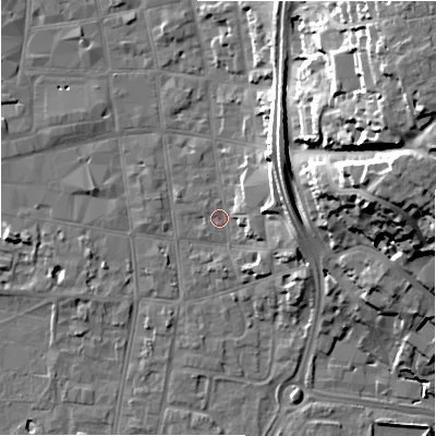 Shaded relief map of the ground around SP12BQ, computed from Environment Agency LiDAR. The ground here sits at about 46 m above sea level and falls 29 m across the surrounding 800 m. Surface water reaching this point runs off ground lying to the north-east, 11.2 m higher.