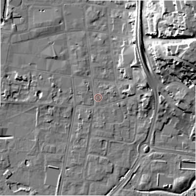 Shaded relief map of the ground around SP12BX, computed from Environment Agency LiDAR. The ground here sits at about 46 m above sea level and falls 30 m across the surrounding 800 m. Surface water reaching this point runs off ground lying to the north-north-east, 11.7 m higher.