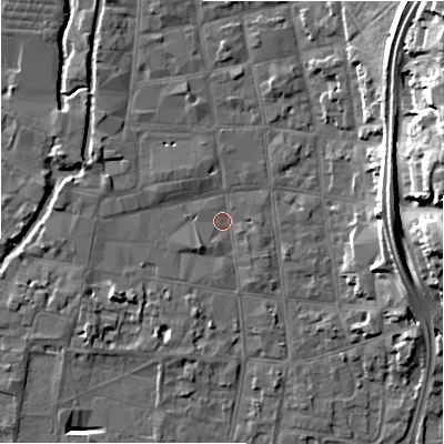 Shaded relief map of the ground around SP12DA, computed from Environment Agency LiDAR. The ground here sits at about 46 m above sea level and falls 23 m across the surrounding 800 m. Surface water reaching this point runs off ground lying to the north-east, 19.2 m higher.