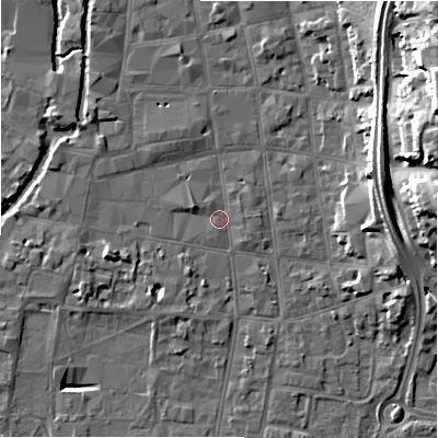 Shaded relief map of the ground around SP12DD, computed from Environment Agency LiDAR. The ground here sits at about 46 m above sea level and falls 24 m across the surrounding 800 m. Surface water reaching this point runs off ground lying to the east-north-east, 21.2 m higher.