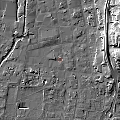 Shaded relief map of the ground around SP12DE, computed from Environment Agency LiDAR. The ground here sits at about 46 m above sea level and falls 22 m across the surrounding 800 m. Surface water reaching this point runs off ground lying to the north-east, 19.3 m higher.